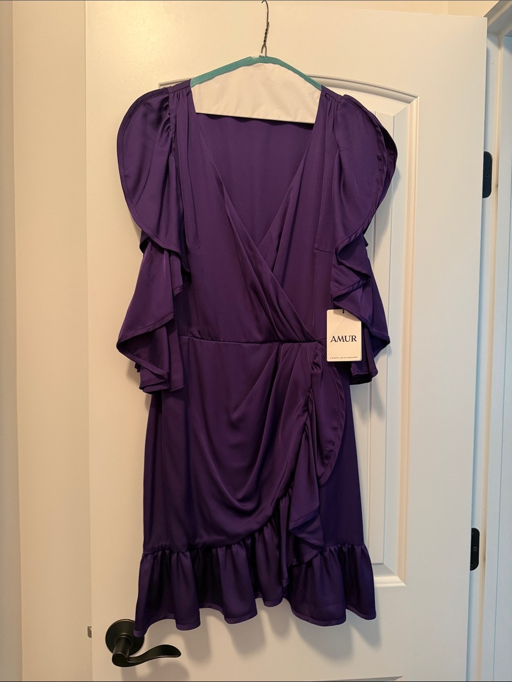 AMUR Violet Ruffle-Trim Wrap Mini Dress